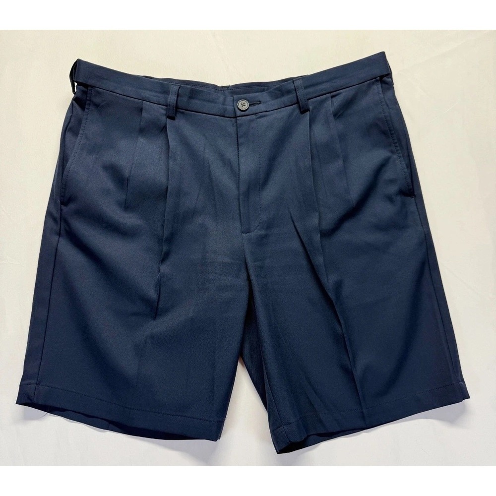 Haggar Cool 18 Pro Chino Shorts Mens 38 Blue Pleated Moisture Wicking Quick Dry
